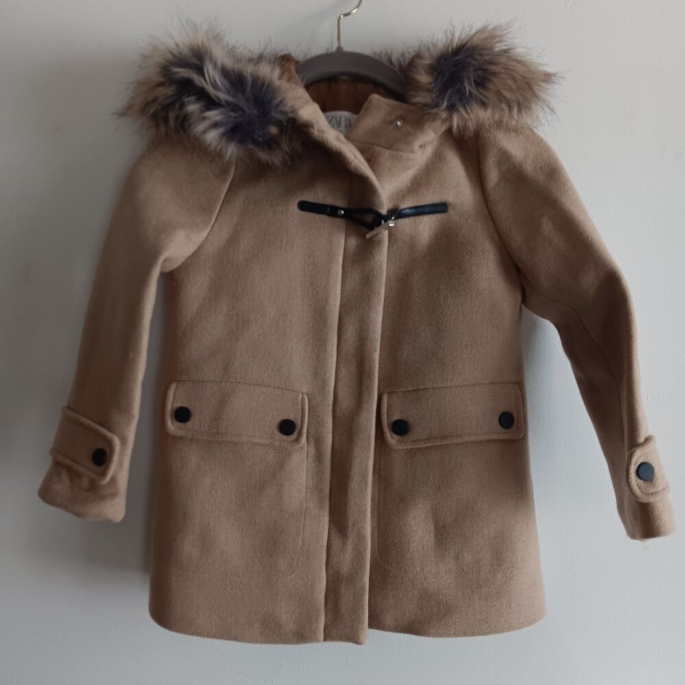Zara beige wool blend hooded coat outwear pockets zip up fur size 7 cozy